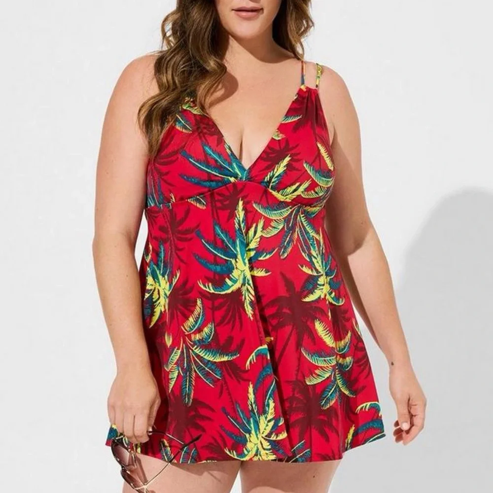 Torrid Red Tropical Shadow Retro Wireless Plunge Swim Dress Swimsuit 1X 14 16 - Picture 4 of 14